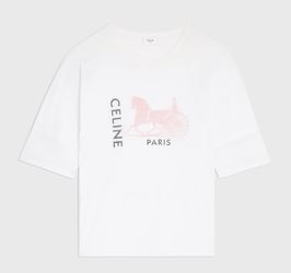 Celine double- layers white cotton t-shirt with pink horse print
