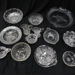 Lot of Vintage Clear Glass incl Depression Glass, Bowls, Divided Dish, Juice Squeezer, Candy Dish, etc