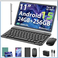 2026 11 inch Android 15 Tablet with Keyboard, 24GB+256GB, 2TB Expand, 8000mAh, 5MP+13MP, 5G WiFi, Gemini AI, Split Screen, Widevine L1, 2 in 1 Tablets