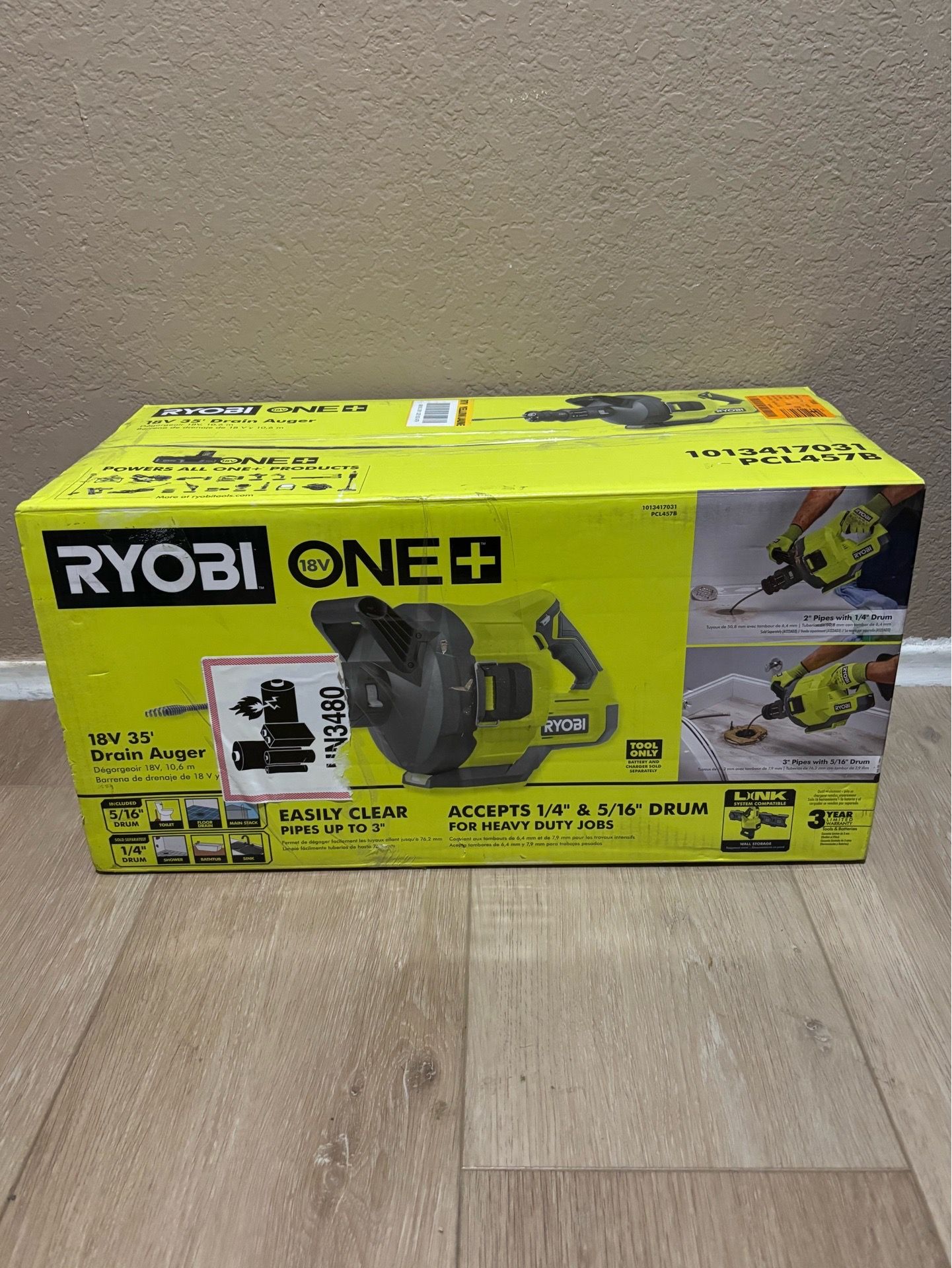 ONE+ 18V Cordless Drain Auger with 35 ft Cable, LED Light, Auto Feed/Retract, Cable Lock, Enclosed Drum (Tool Only)