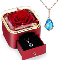 Preserved Roses Gift Jewerlry Box, Real Eternal Rose Flower with Necklace, Gifts for Girlfriend, Mom, Women, Wife, Birthday and Valentine's Day (Red)