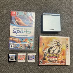 Nintendo Game Lot (Gameboy Advance SP, Pokemon Black Version 2, Pokemon Sun & Moon, Pokémon Omega Ruby, Nintendo Switch Sports)