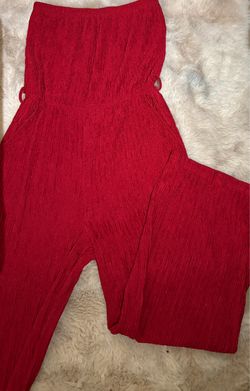 Red Strapless Ribbed Jumpsuit
