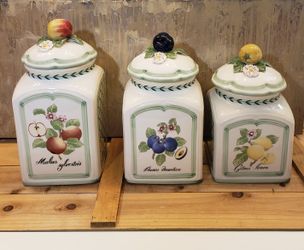 Kitchen Canister Set of 3! Villeroy & Boch French Garden Handpainted Ceramic Kitchen Canisters With 3D Fruit Handle Sealed Lids. Beautiful Accent  