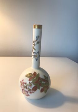 Royal Worcester Victorian Porcelain Bud Vase 1880s Hand Painted Enamel Flowers all Outlined in Gold 6 1/2” Tall -REDUCED