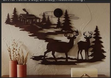 Woodland Metal Deer Wall Art, Brown Silhouette, Rustic Cabin Forest Scene, Nature Wildlife Decor, 24" L x 13.8" W. Gift for Father's Day, Birthday, Ho