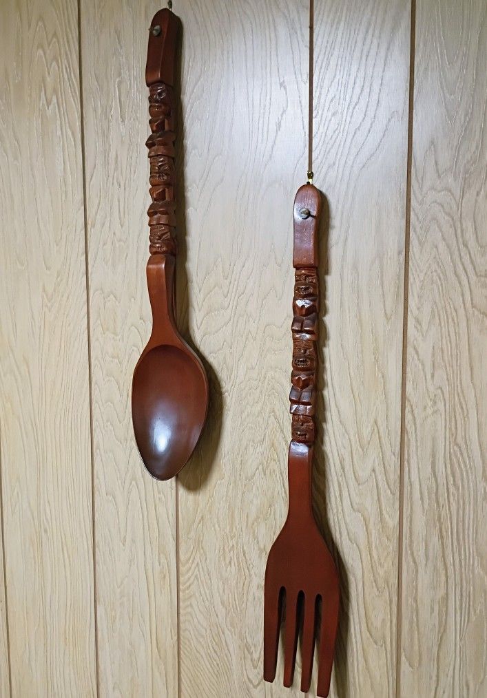Mid Century Monkeypod Wood Vintage Carved Fork & Spoon 28" Tiki Wall Decor