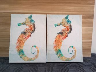 Set of 2 Seahorse Canvas Prints - Aqua & Coral