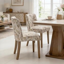 18''H Linen Fabric Floral Pattern Dining Chairs, Beige (Set of 2)