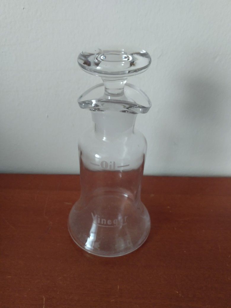VINTAGE CLEAR GLASS OLlVE OIL & VINEGAR CRUET DECANTER SHAKER BOTTLE W/GLASS STOPPER LID