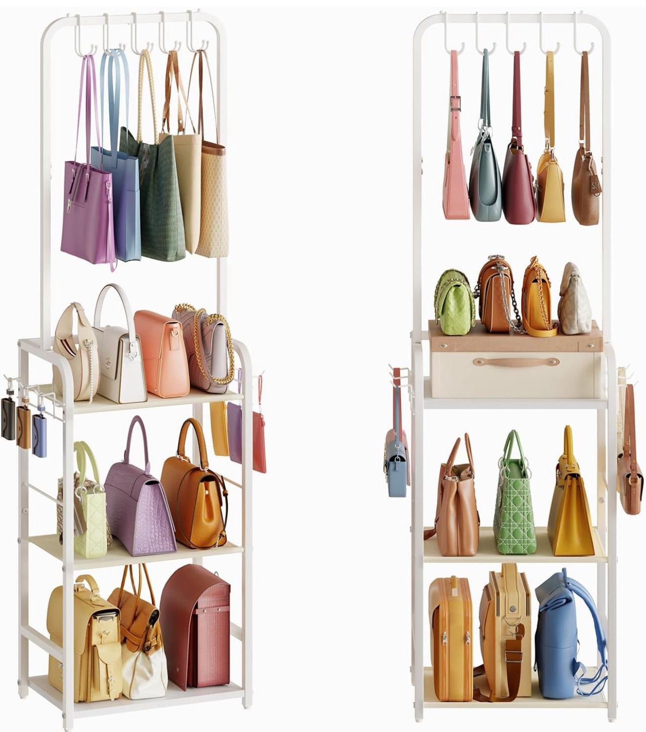 Tall Purse Organizer for Closet with 5 Purse Hanger & 6 Side Hooks, 4 Tier Floor-Standing Purse Rack Stand for Purse Storage, Narrow & High-Capacity H