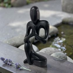 Zen Meditation Kneeling Yoga Statue Hand Carved Wood Sculpture 10.5” Black