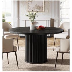 Tribesigns 47.24-Inch Black Round Dining Table for 4-6 People, Modern Fluted MDF + Metal Base Kitchen Table, Sturdy Circle Dining Room Furniture, Blac