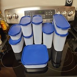 Set Of 9 Vintage Tupperware Modular Mates  W Blue Lids Assorted Sizes