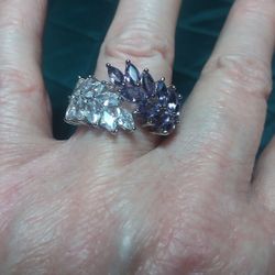 Size 9 925 Sterling Silver Leaf Shapes In Clear And Purple Cubic Zirconias