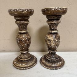 World Market Carved Candleholder Pair