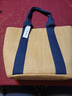 BRAND NEW - LARGE STRAW TOTE/PURSE WITH DENIM BLUE STRAP HANDLES / RETAILS FOR $48