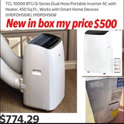 New in box TCL 10000 BTU Q-Series Dual Hose Portable Inverter AC with Heater, 450 Sq.Ft., Works with Smart Home Devices (H10PDH56W), $500 cash only pi