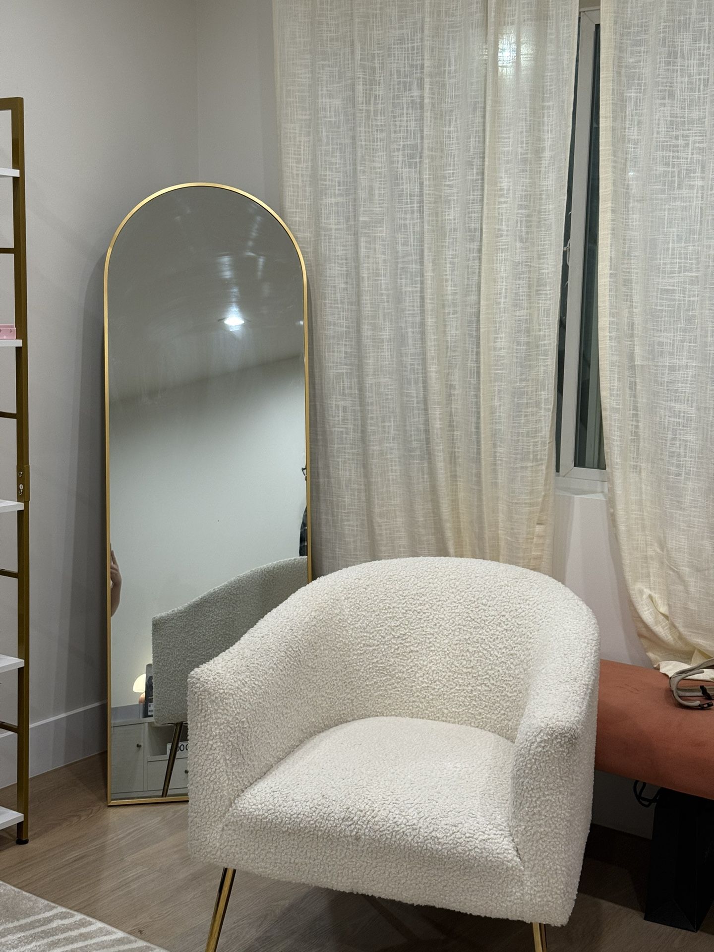 Gold Mirror And White Boucle Chair