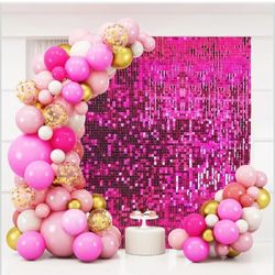 Hot Pink Shimmer Wall Backdrop,Shiny Sequins,24Pcs Sequins Backdrop Decoration Panels, Glitter Bling Photo Background Decorations for Birthday Party W