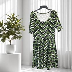 LulaRoe Olive, Black, White, Khaki Geometric Pattern Chic Dress Women XL