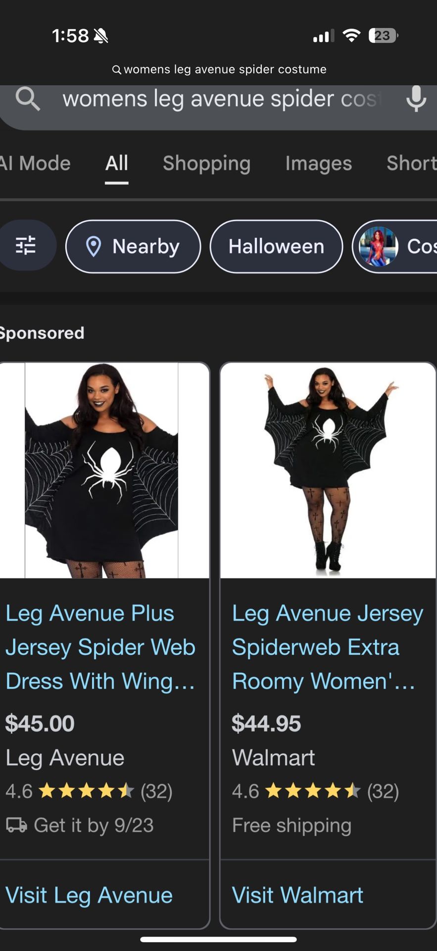 Women’s Leg Avenue spider Costume Size 1x