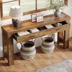 63" Console Table with 2 Drawers, Farmhouse Entryway Table with H-Shaped Sturdy Legs for Hallway, Living Room, Brown