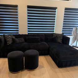 Black Velvet L Shaped Sofa 