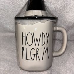  Rae Dunn "Howdy Pilgrim" Thanksgiving ceramic mug with a matching hat-shaped topper