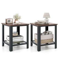 New Set of 2 Costaway Industrial 2 Tier Side End Table with Storage in Dark Walnut