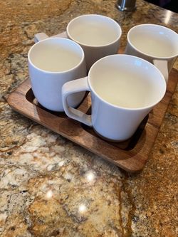 Set of 4 White Ceramic Mugs with Wood Tray