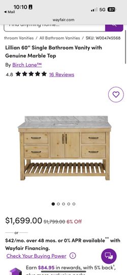 Lillian 60'' Single Bathroom Vanity with Genuine Marble Top