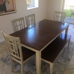 Wood Dining Room Table, Chairs and a bench