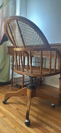 Vintage British Colonial–Style Cane & Wood Swivel Desk Chair