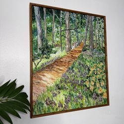 1980s Oil Painting Woodland Path of Flowers Linda Ibraraki Art