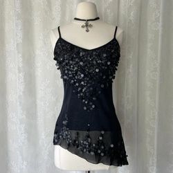 Y2k 2000s ethereal goth fairy ibiza summer beaded sequin asymmetric mesh cami top deadstock