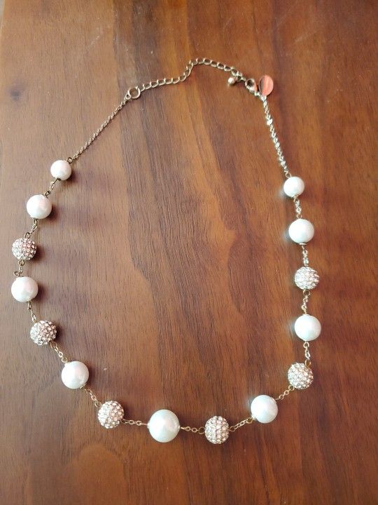 New Vintage Mid Century Style Spring Street Faux Pearl Diamond Ball Necklace