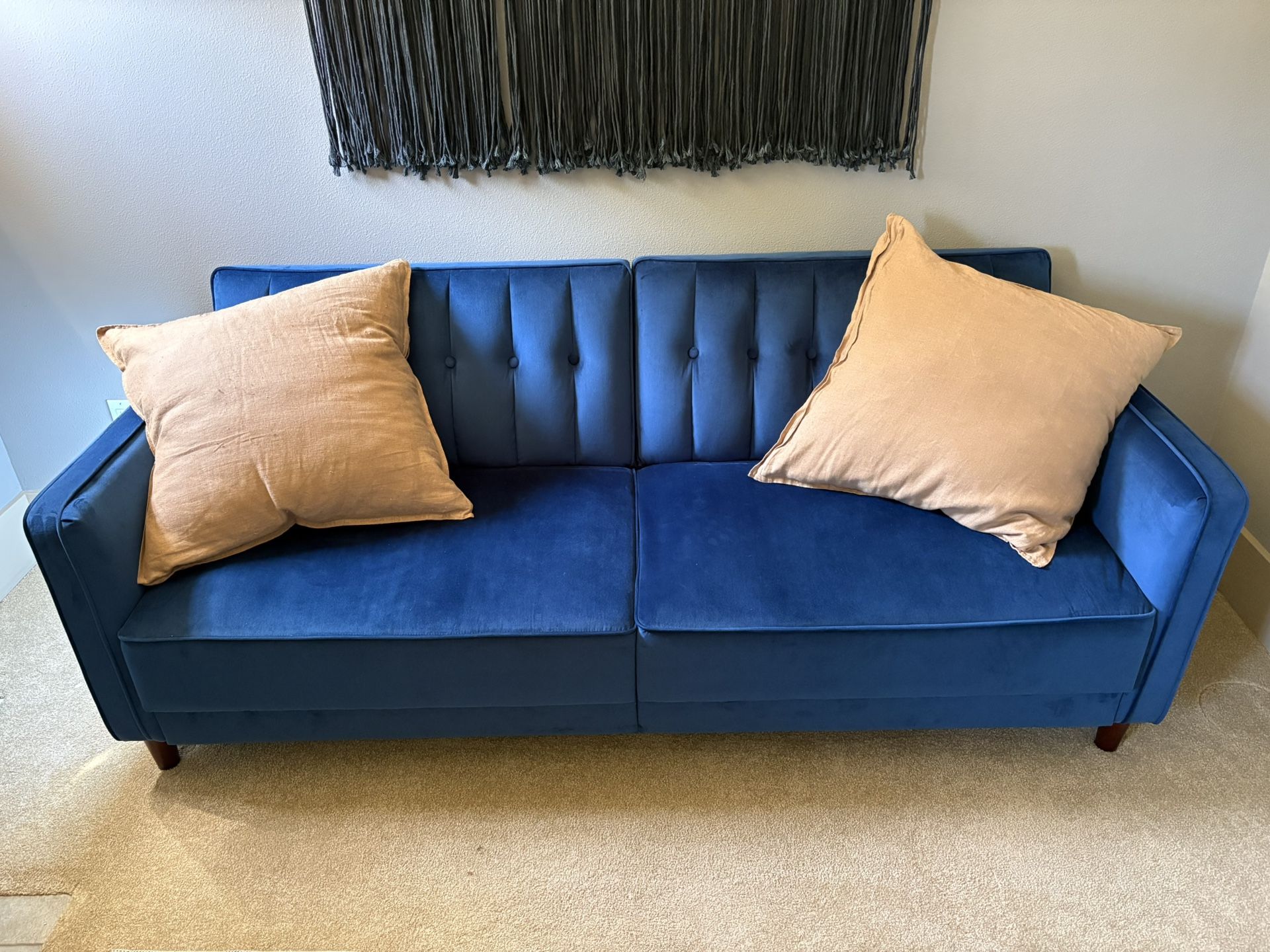 Barely Used Blue Velvet Convertible Couch