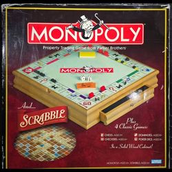 Monopoly Scrabble NEW Deluxe Solid Wood Cabinet Board 6 Game Combo