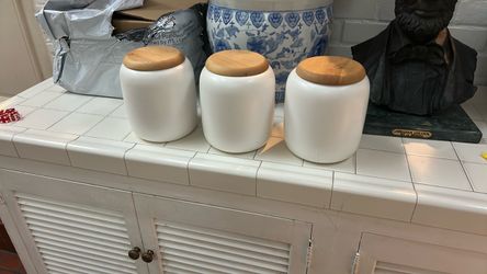 Set of 3 Matte White Ceramic Canisters with Wood Lids - Modern Kitchen Storage