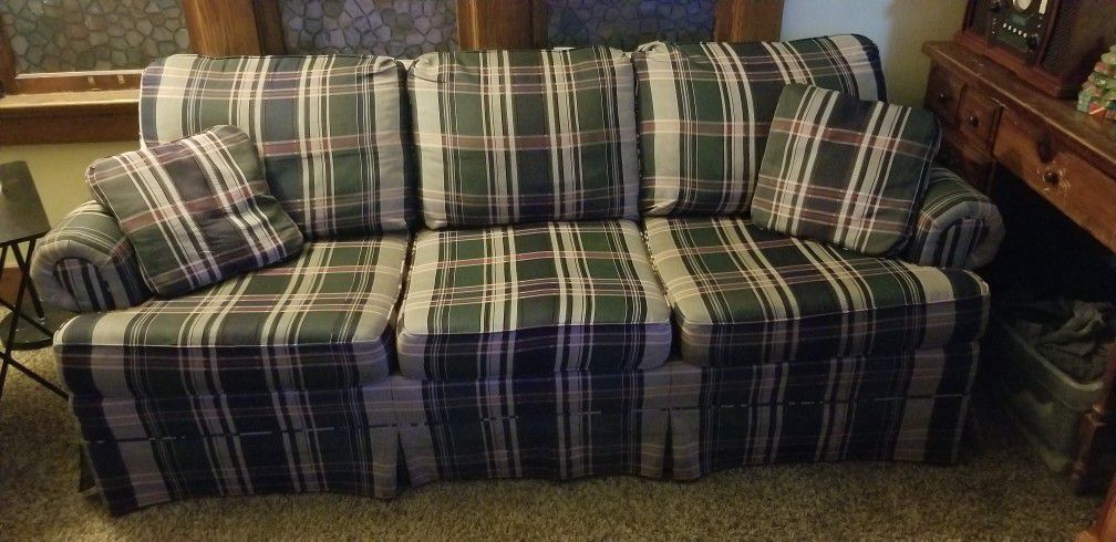 Sofa, approx 83" green/red/tan plaid 