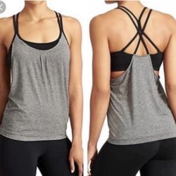 ATHLETA Black Grey Shadow Stripe Energize Slouch Criss Cross Strap Tank Top