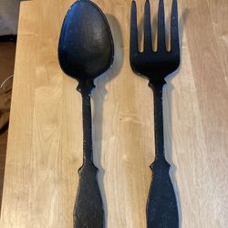 Primitive cast iron fork and spoon wall decor. Vintage
