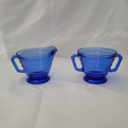 Depression glass cobalt blue sugar & creamer in modern tone pattern
