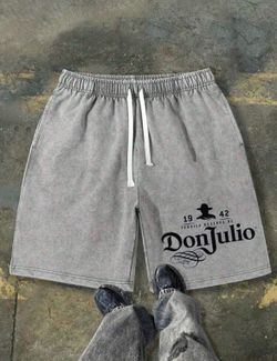Men's 230g Washed Summer Men Shorts, Side Don Julio 1942 Tequila Print Elastic Drawstring Waist With Pockets Street Daily Wear Shorts For Men