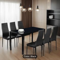 6-Seater Dining Table Set with 6 Faux Leather Chairs, 51-inch Tempered Glass Safety Table 