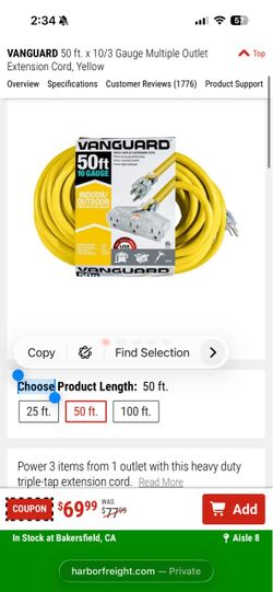 VANGUARD 50 ft. x 10/3 Gauge Multiple Outlet Extension Cord, Yellow new $30