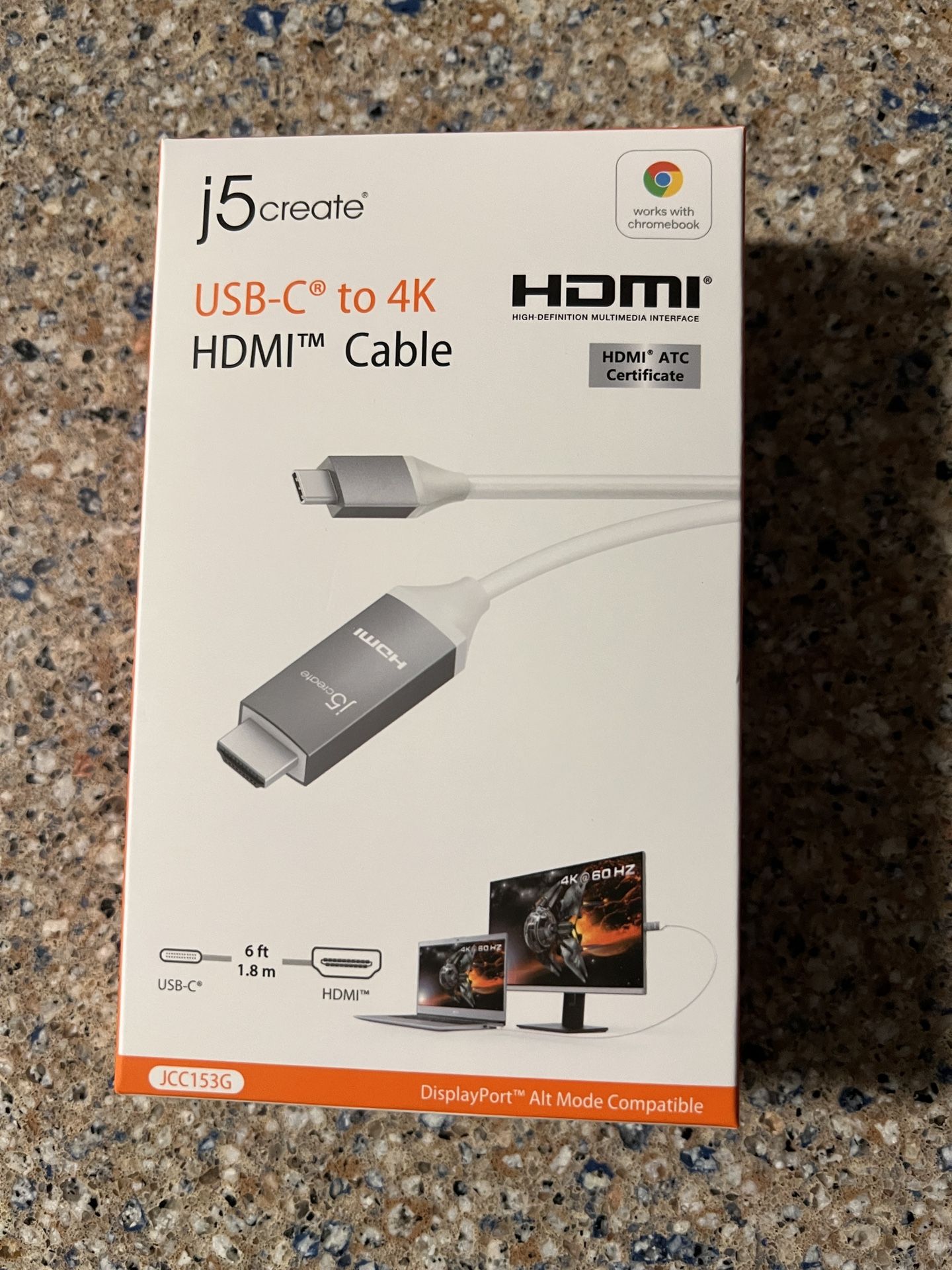 J5 Create USB-C to 4K HDMI Cable Display Port in White - Brand New 6ft