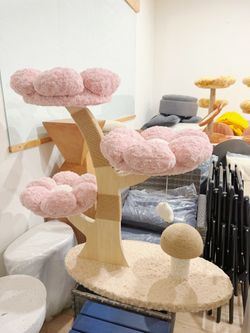 Aesthetic Flower Cat Tree Tower with Scratching Post for Indoor Cats, 37" H Modern Cat Tree with Wood Sculpted Branch, Flower Cat Beds, Mushroom Scrat