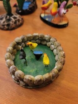 Chicks and Bowl In Stone Pen Mexico Vintage Folk Art Pottery Figurine